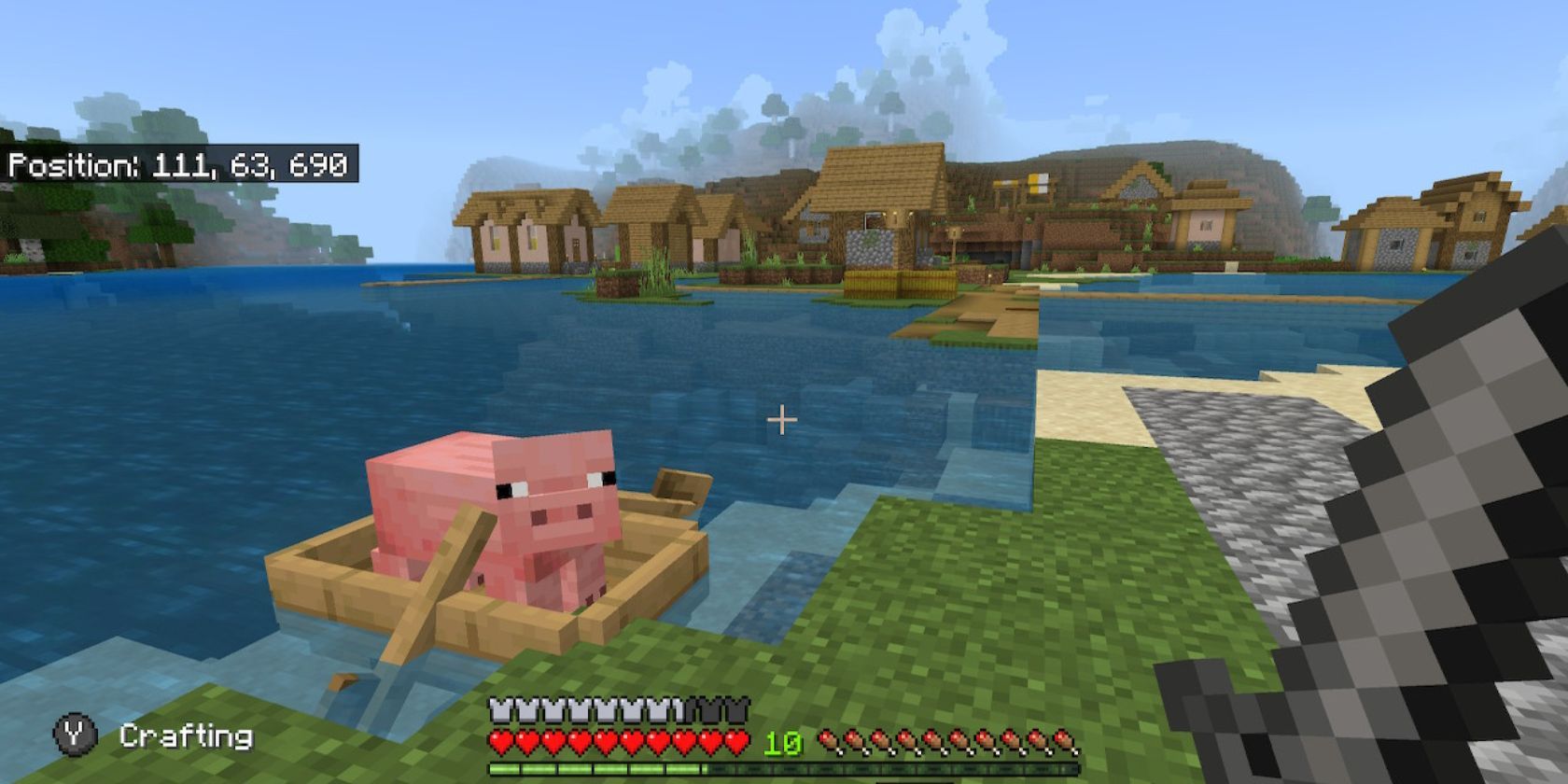 Seekor babi di perahu di Minecraft