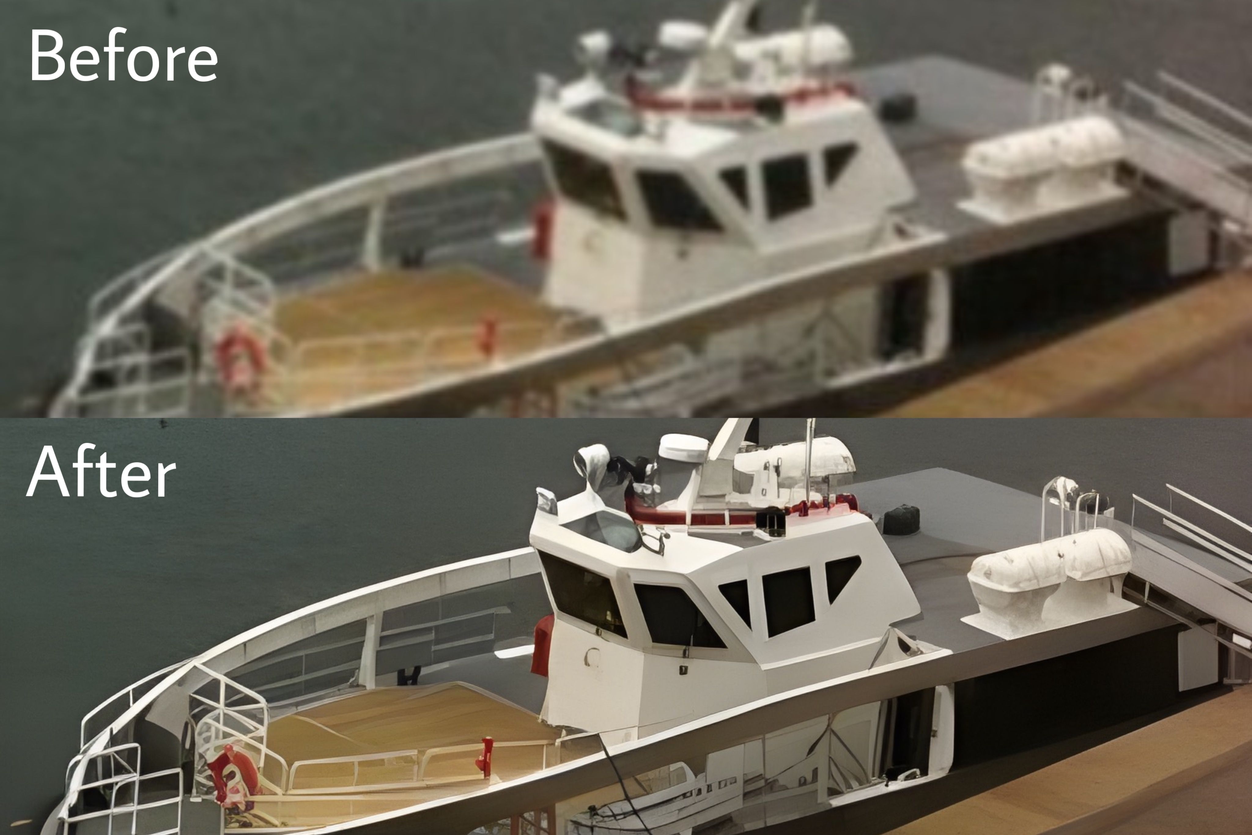 Before and after comparison of a boat using the AI tool