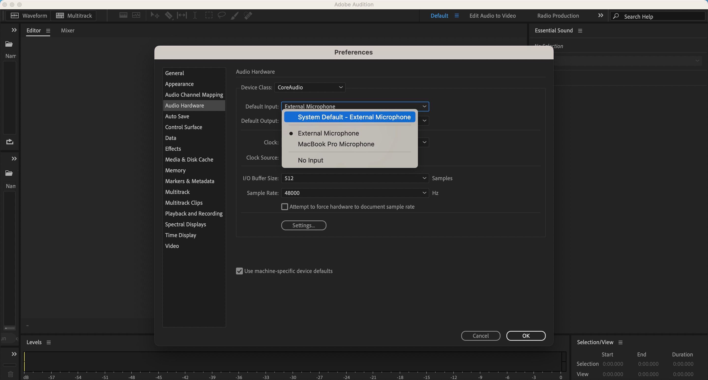 Correggi lo screenshot di Adobe Audition per l'audio esterno