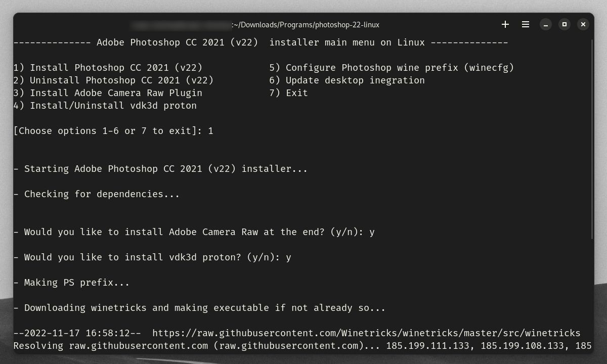 Adobe Photoshop CC 2021 for Linux installer main menu on command line interface