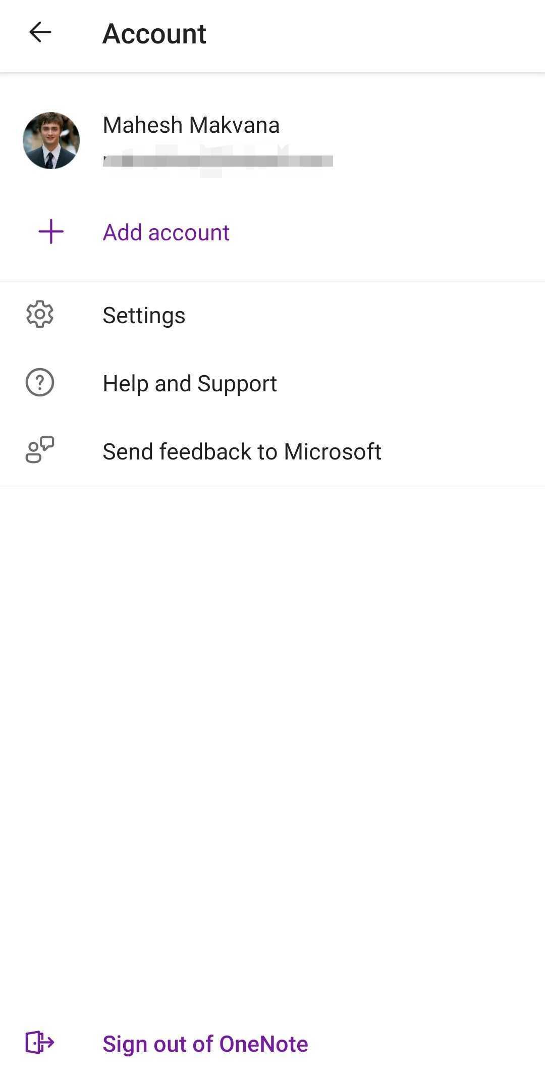 OneNote account options on Android device