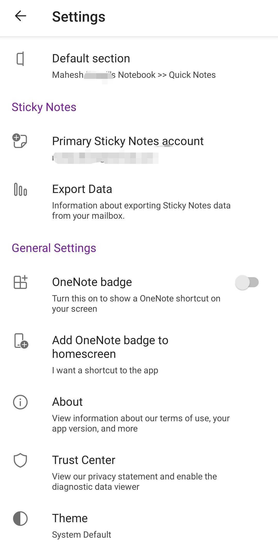 OneNote settings page on Android device