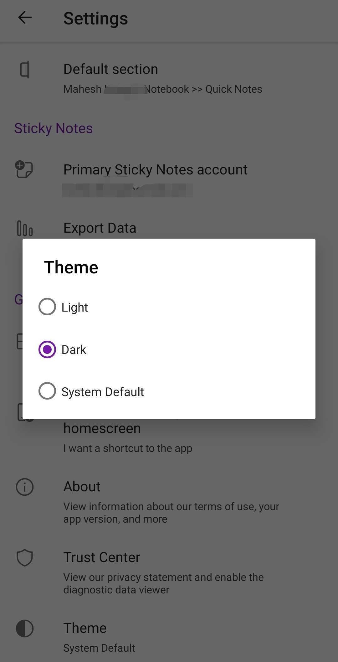 OneNote theme page on Android device 