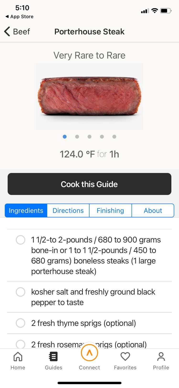 Anova Culinary app porterhouse steak guide