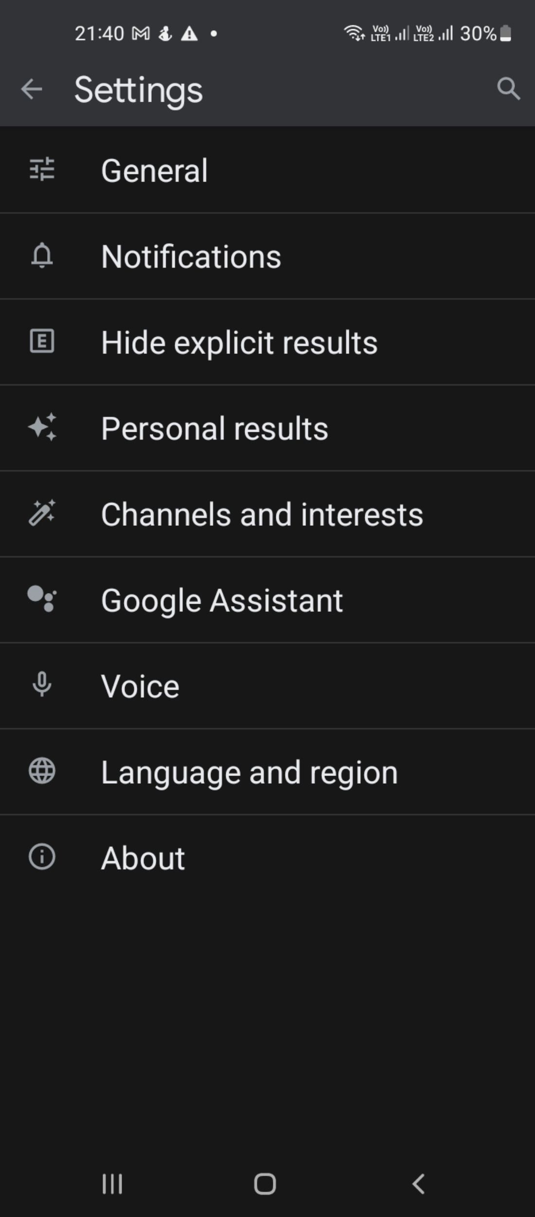 Settings menu in Google app