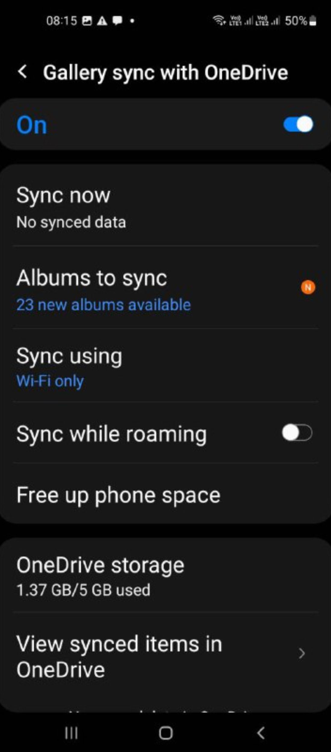 Gallery sync settings in OneDrive