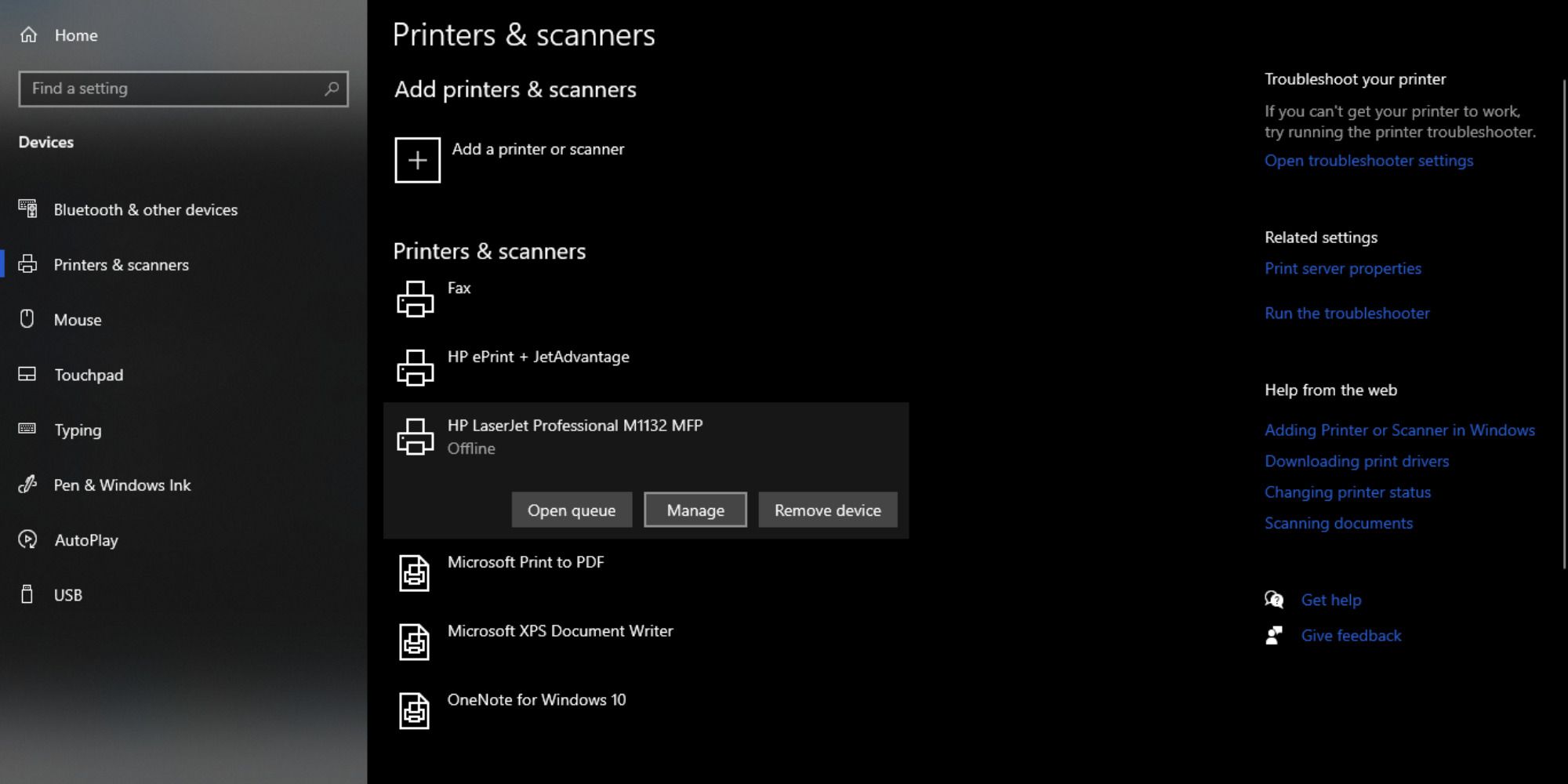 Printers and scanner settings in Windows