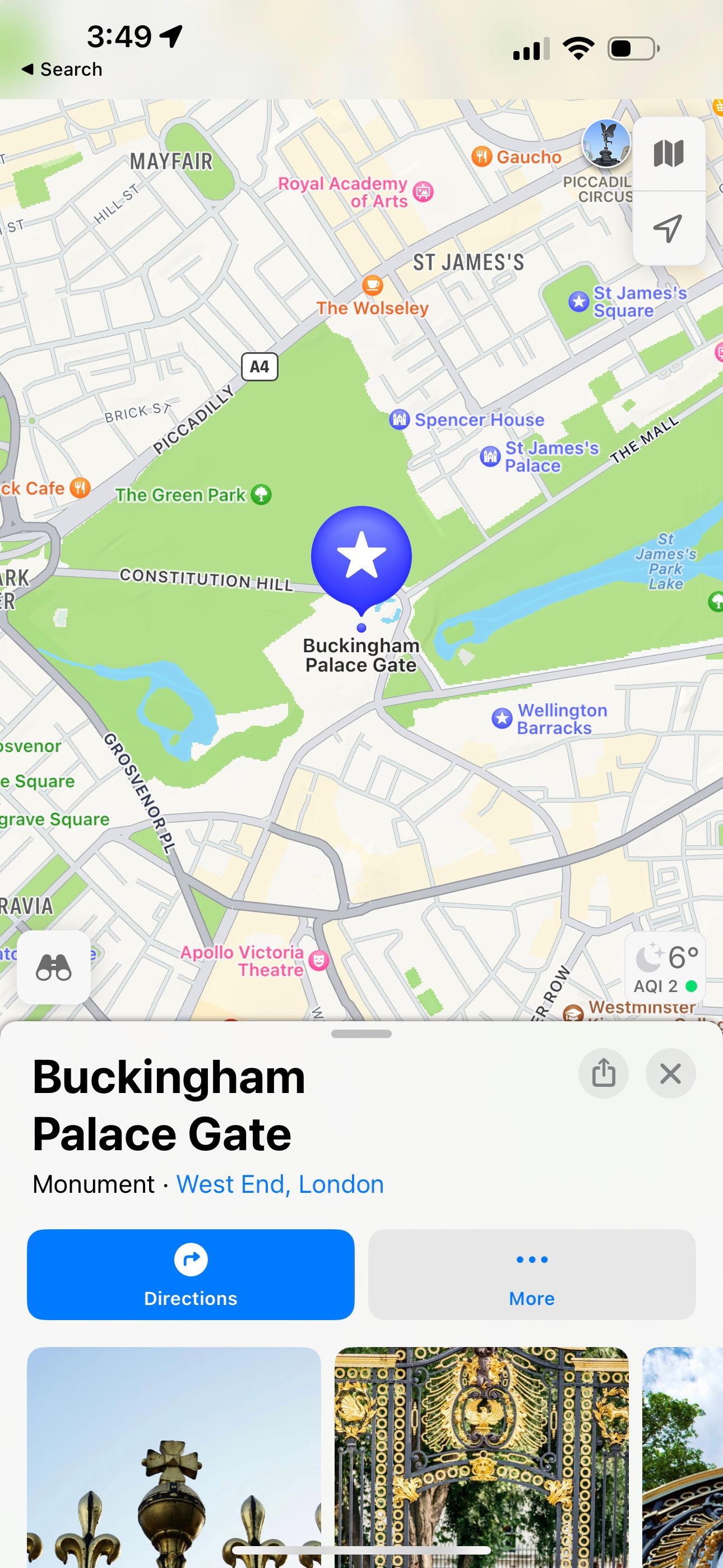 Apple Maps showing Buckingham Palace Gate