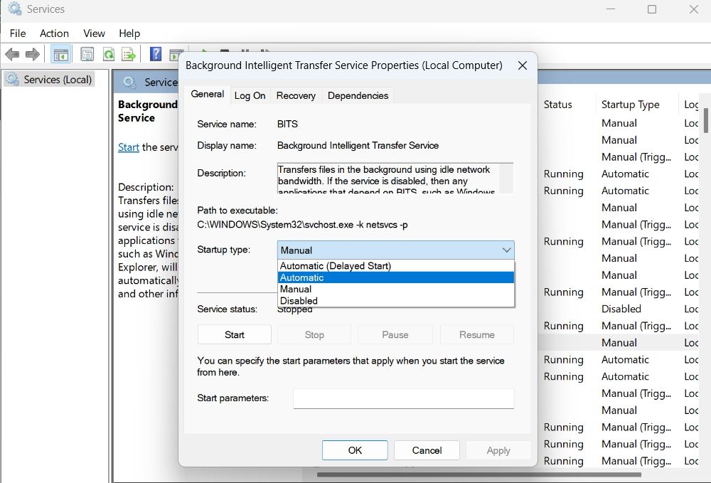 Background Intelligent Transfer Service in the Services window