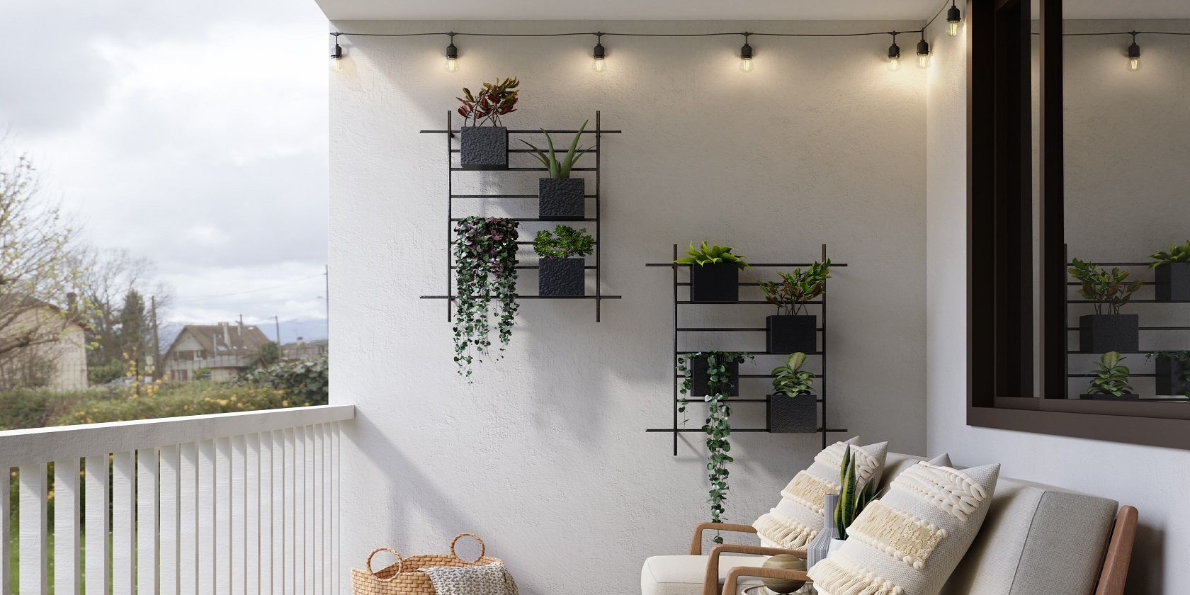 Balcony with hanging plants, seats, and cool lights