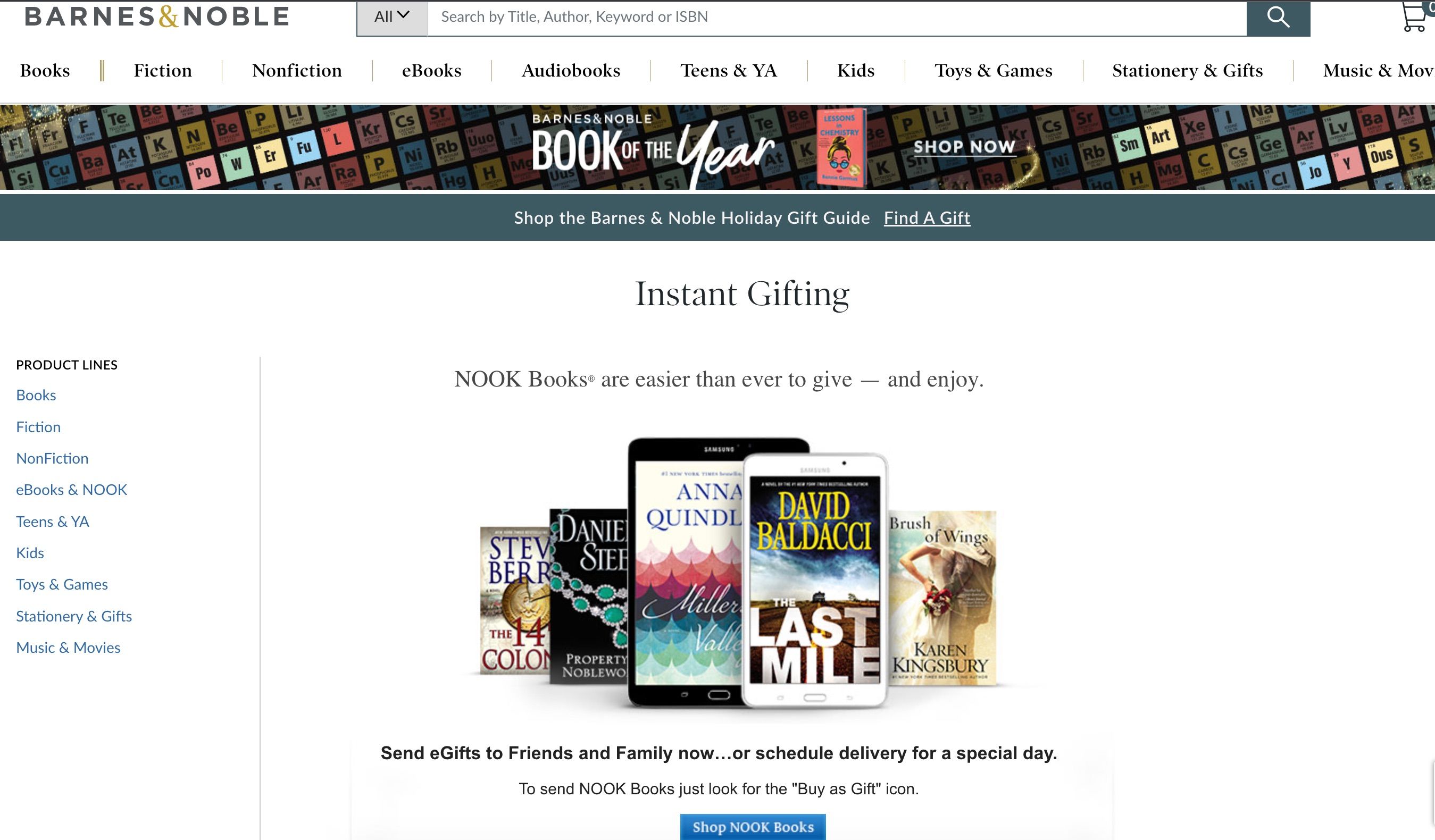 Barnes and Nobel eBooks Instant gift page with Shop Nook books button