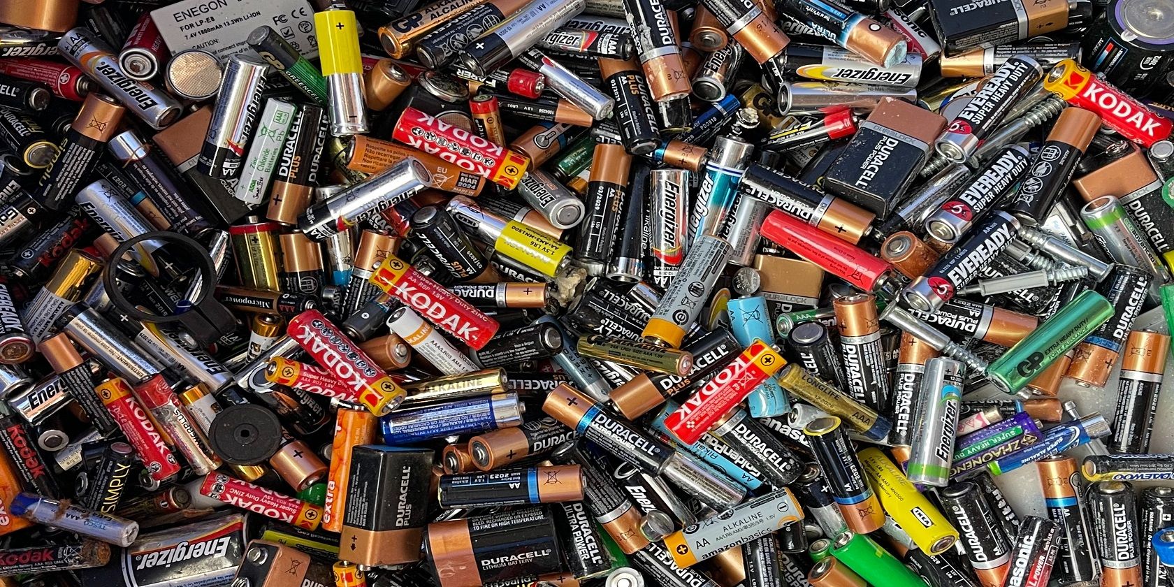 A collection of batteries awaiting recycling