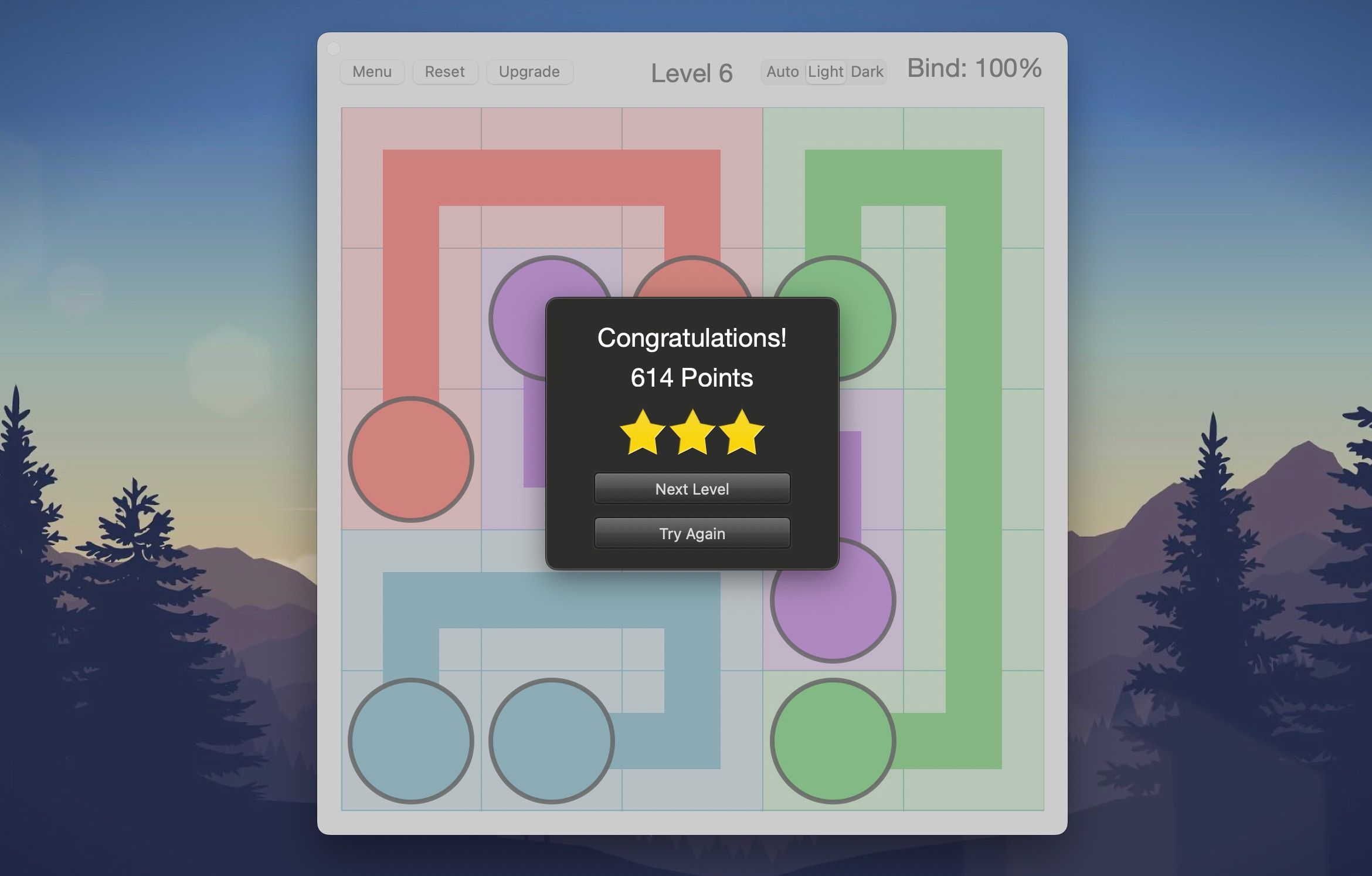 Bind puzzle game screenshot with three stars and 614 points