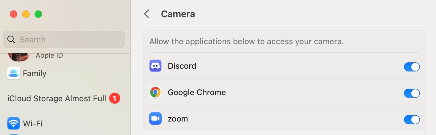Camera permissions screenshot in System Settings (Ventura)