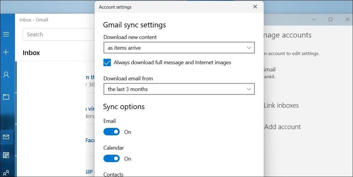 Compruebe la configuración de sincronización de la aplicación de Windows Mail