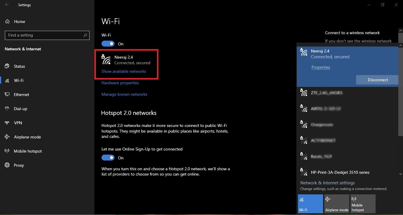 Wi-Fi Network in Settings With Network Panel