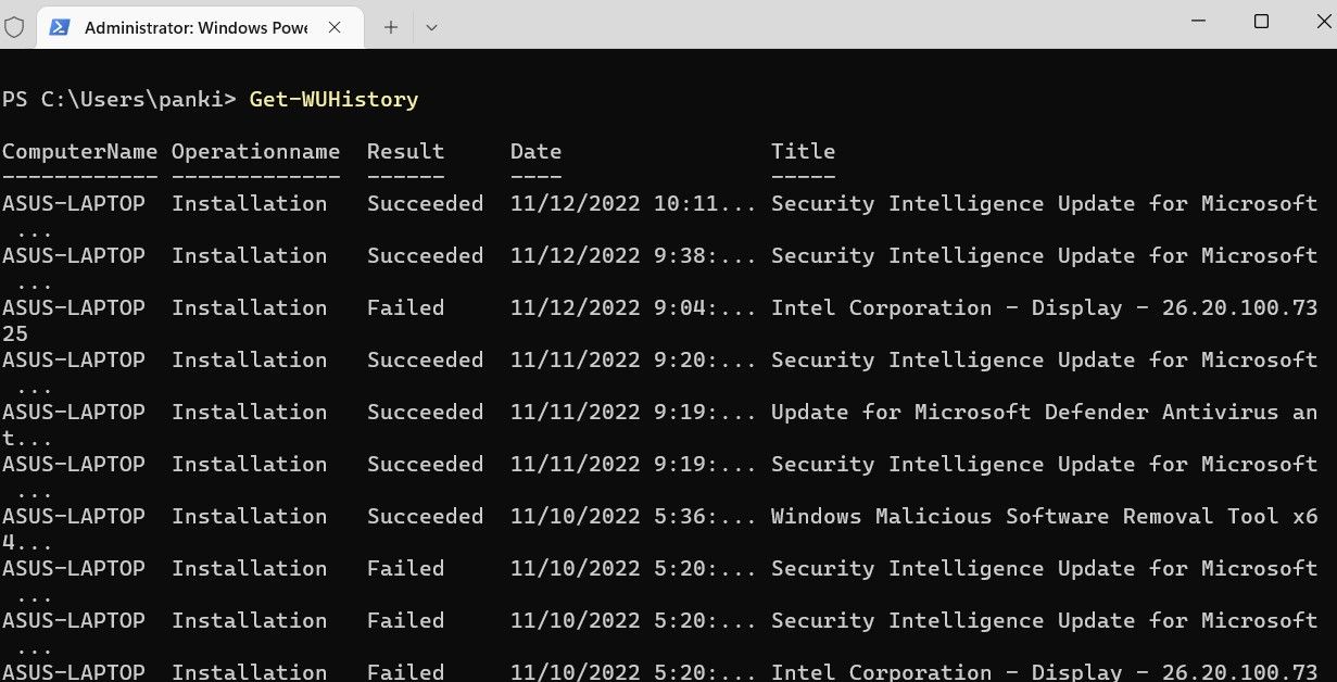 Verifique el historial de actualizaciones de Windows 11 usando PowerShell