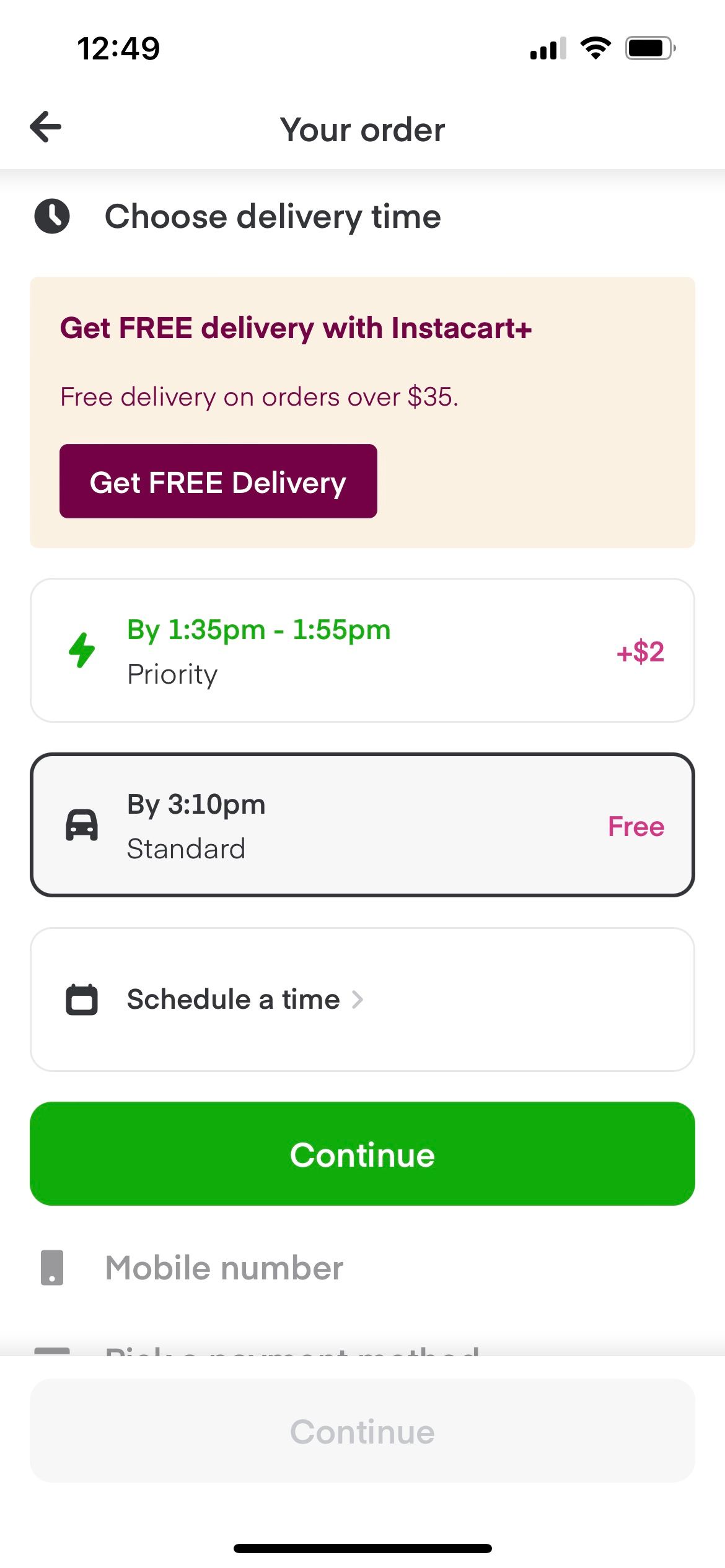 Choosing Delivery Time on Instacart