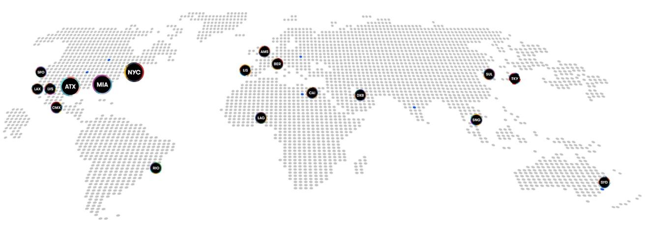 Peta ilustratif dengan beberapa CityCoin di lokasi berbeda