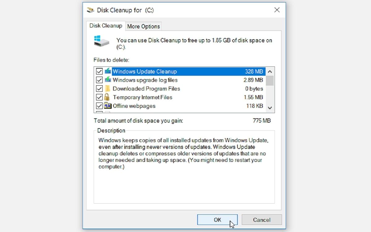 Membersihkan Drive C dengan alat Pembersihan Disk Windows 10