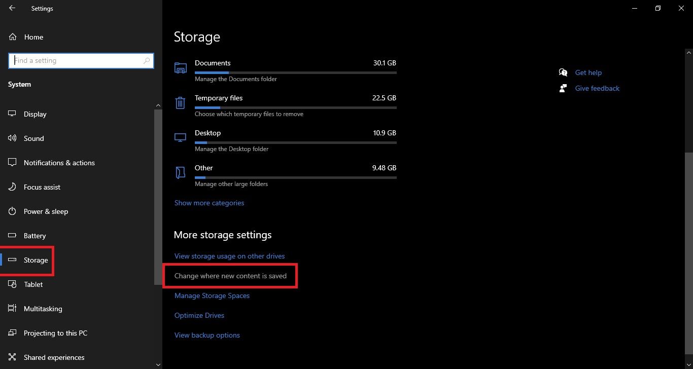 Change Where New Content is Saved Option in Storage Settings
