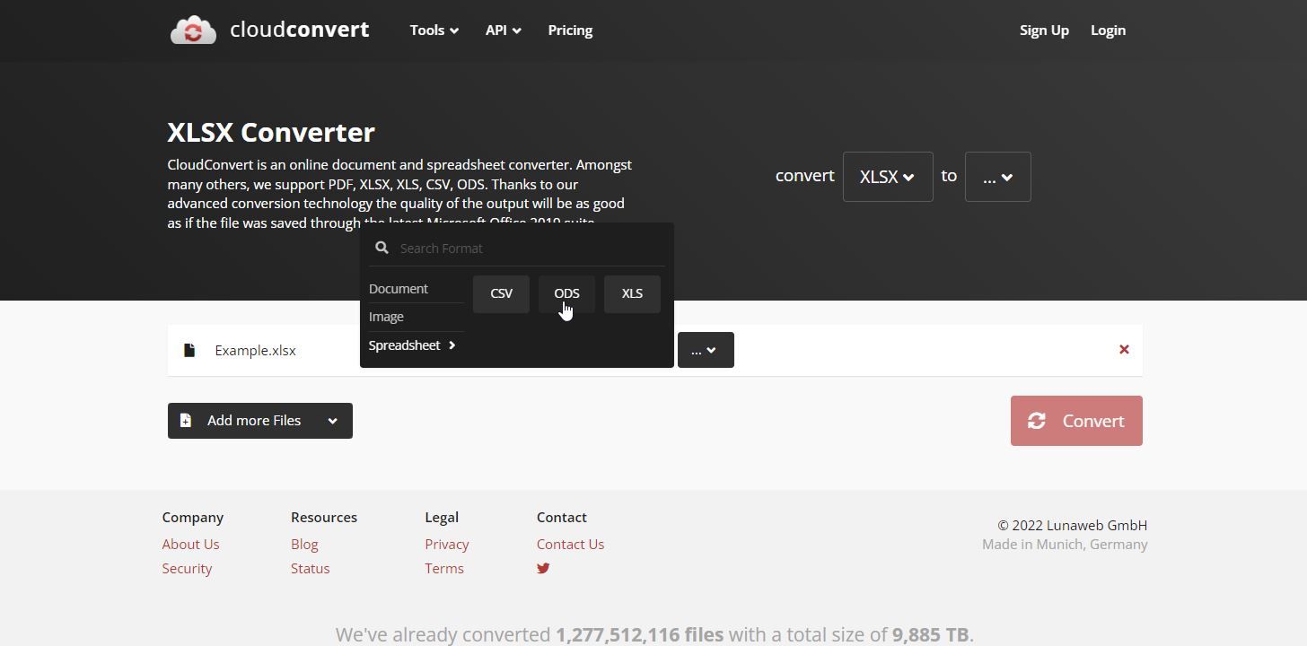 A Screenshot of CloudConvert Spreadsheet Converter in Use