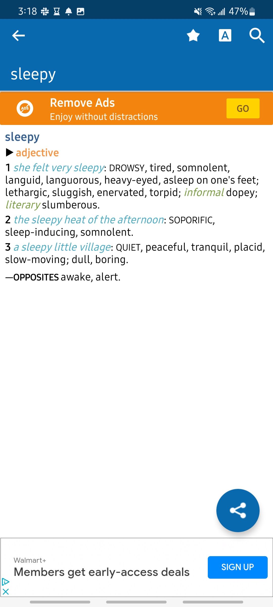 Concise Oxford Thesaurus app showing synonyms for the word sleepy