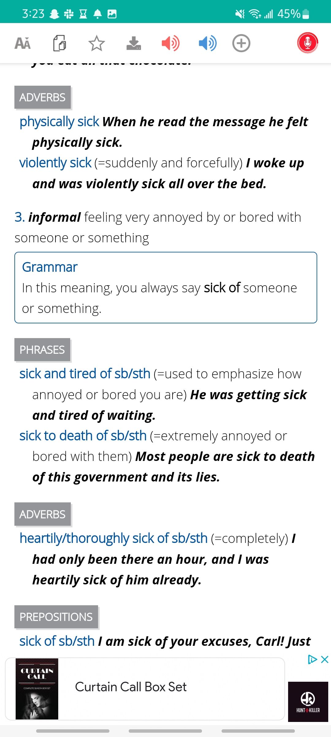 Continued collocations involivng the word sick in the Thesaurus Collocations app