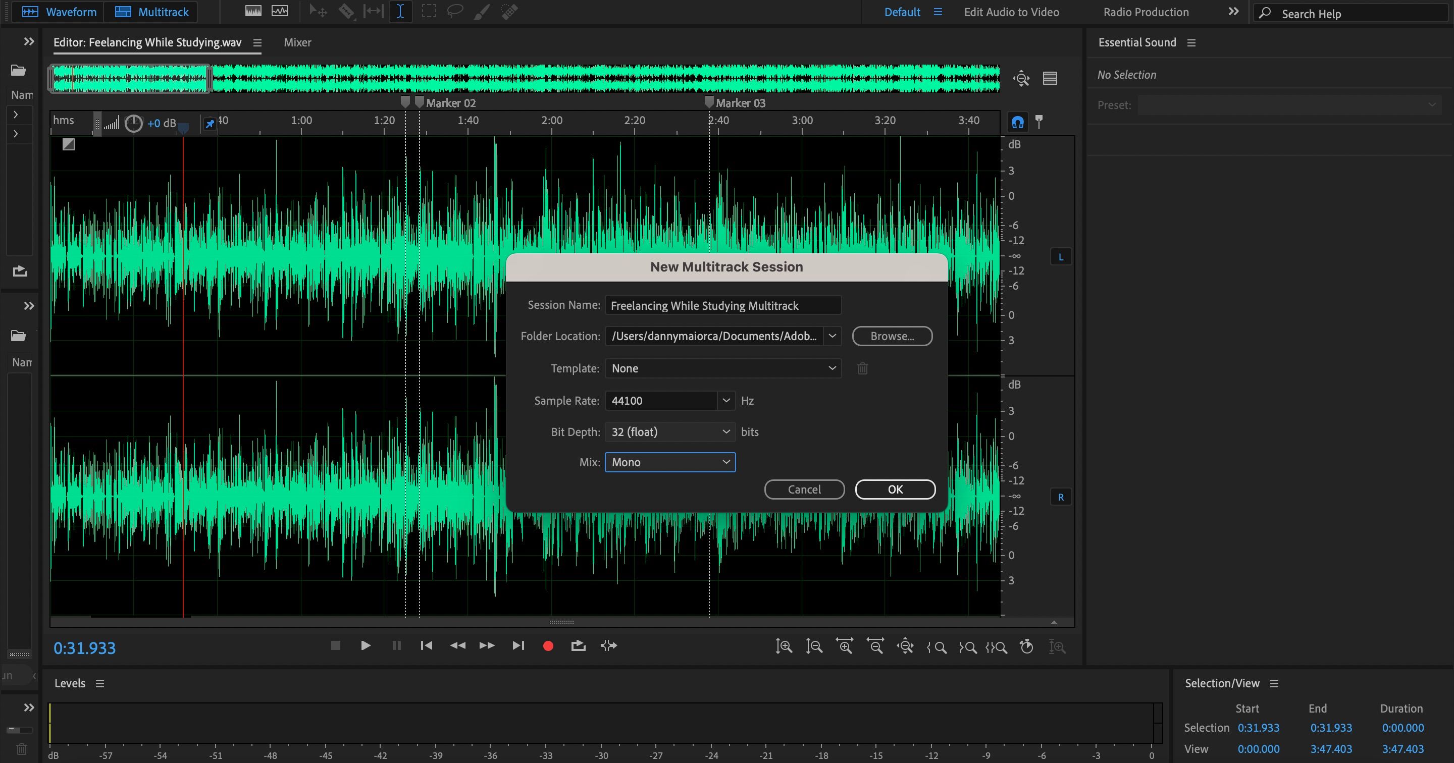 Crea uno screenshot di Adobe Audition per una sessione multitraccia