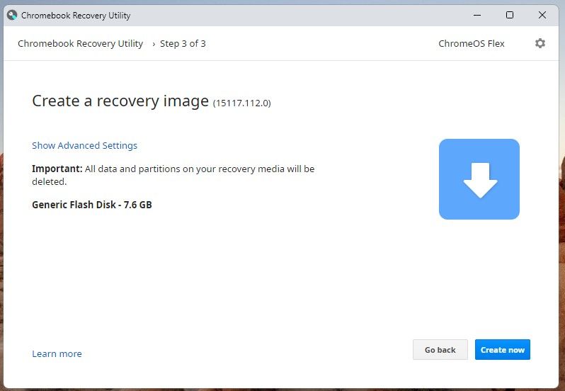 Opsi Buat Sekarang di Utilitas Pemulihan Chromebook