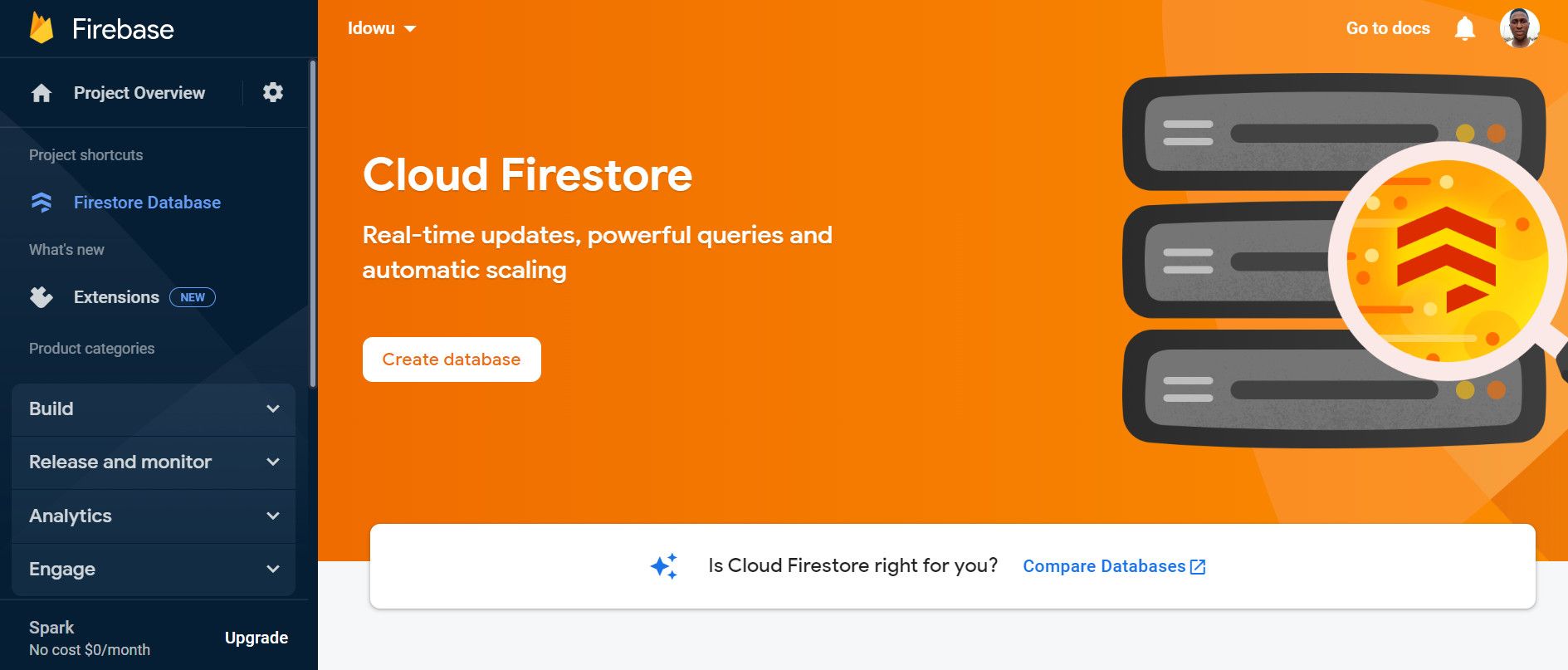 Database creation page Firestore