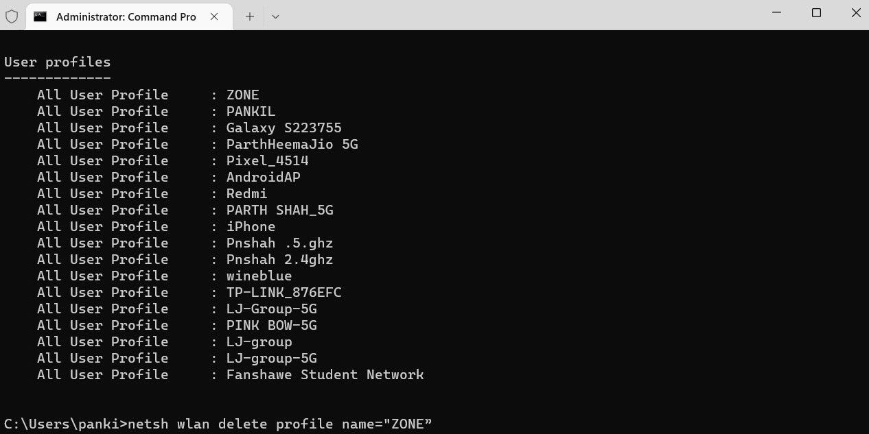Delete a saved Wi-Fi profile using Command Prompt