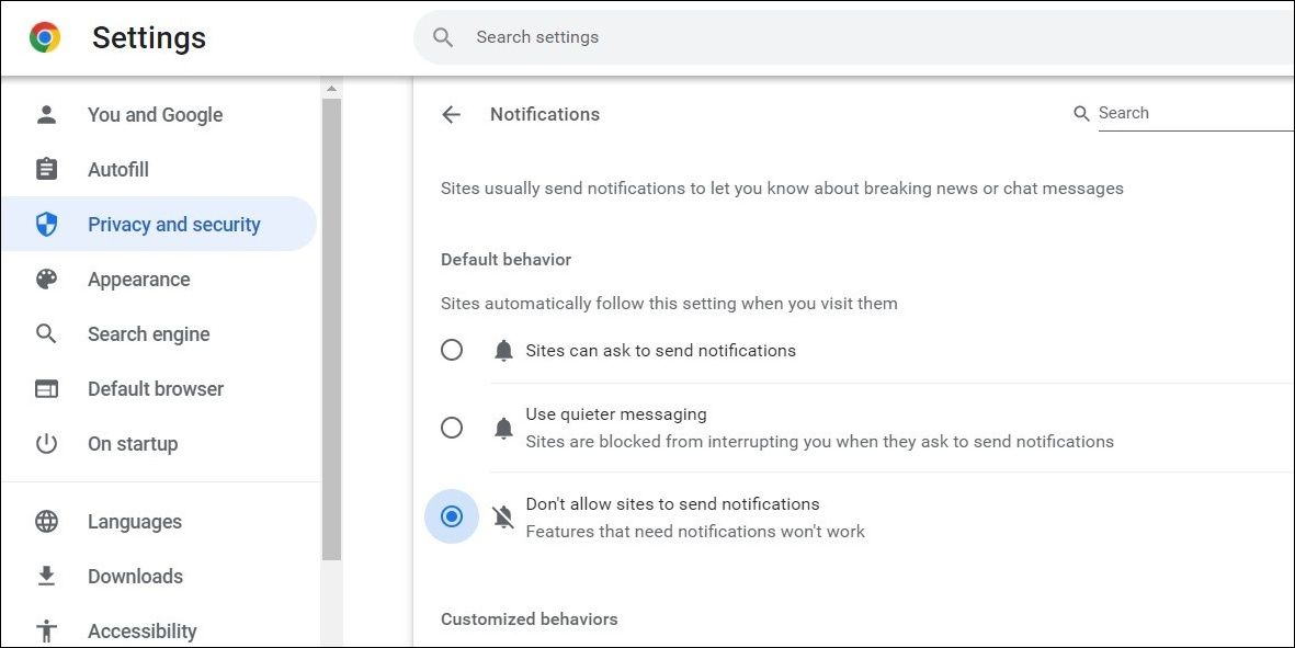 Disable Google Chrome notifications from browser settings