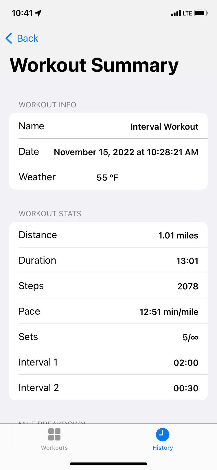 FITimer app workout summary screen