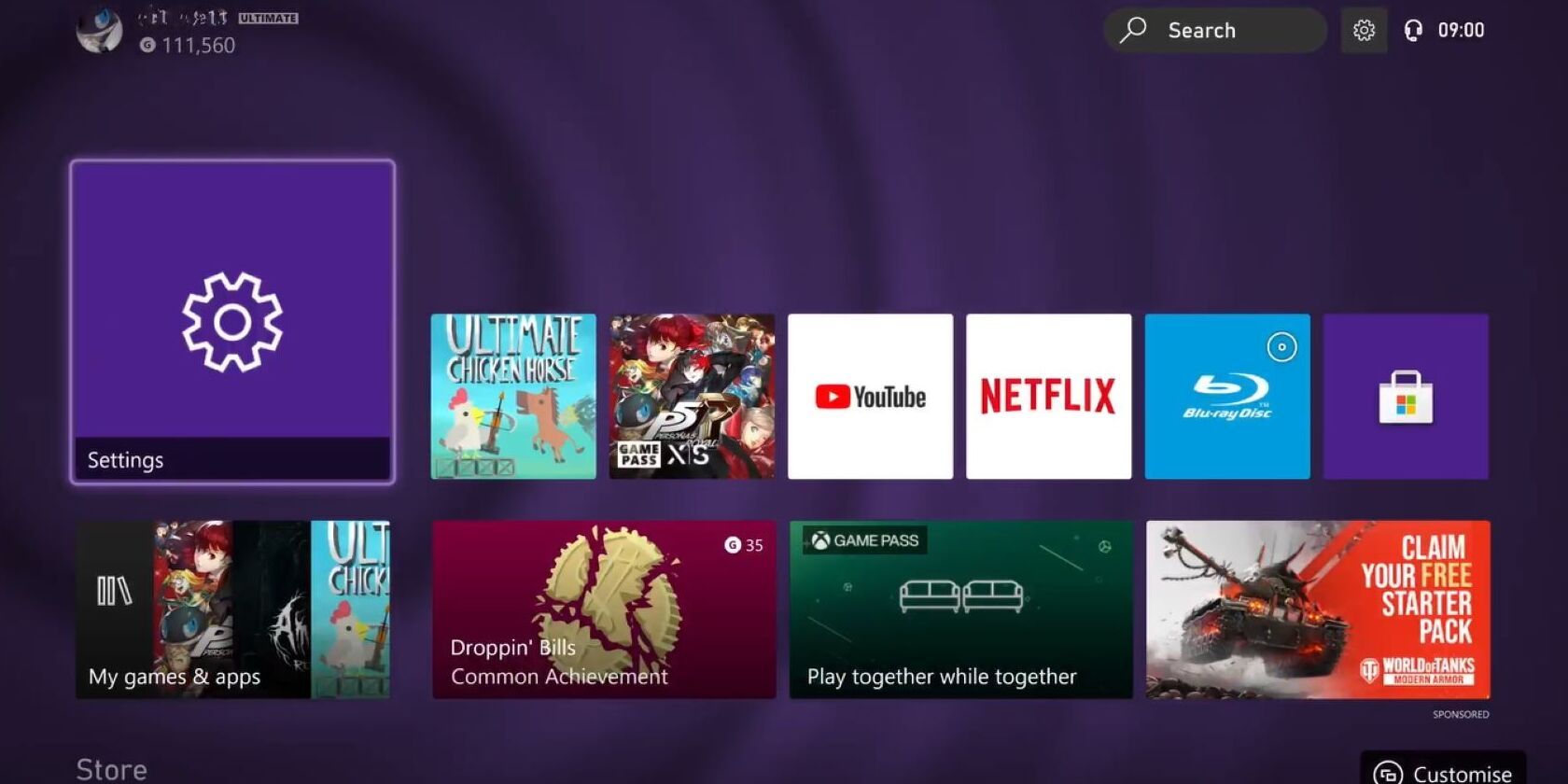 A screenshot of the Home screen of an Xbox Series X with Settings highlighted 
