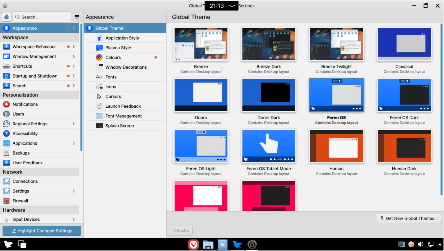Halaman pengaturan menampilkan berbagai tata letak desktop di Feren OS