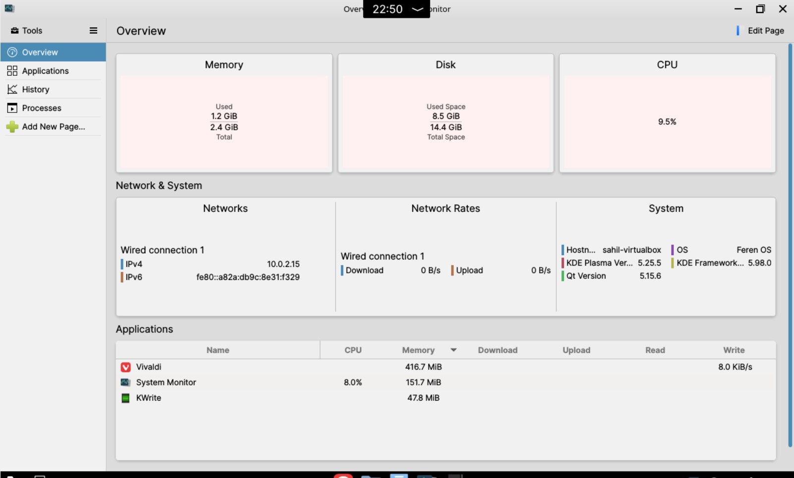 Monitor sistem menampilkan statistik komputer di Feren OS