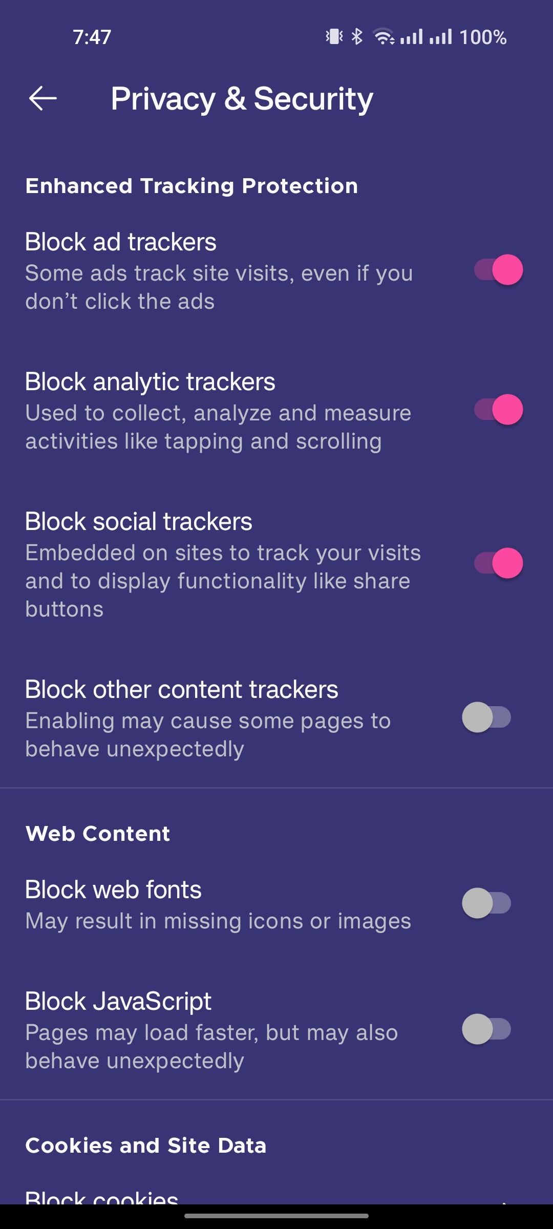 تنظیمات حریم خصوصی Firefox Focus