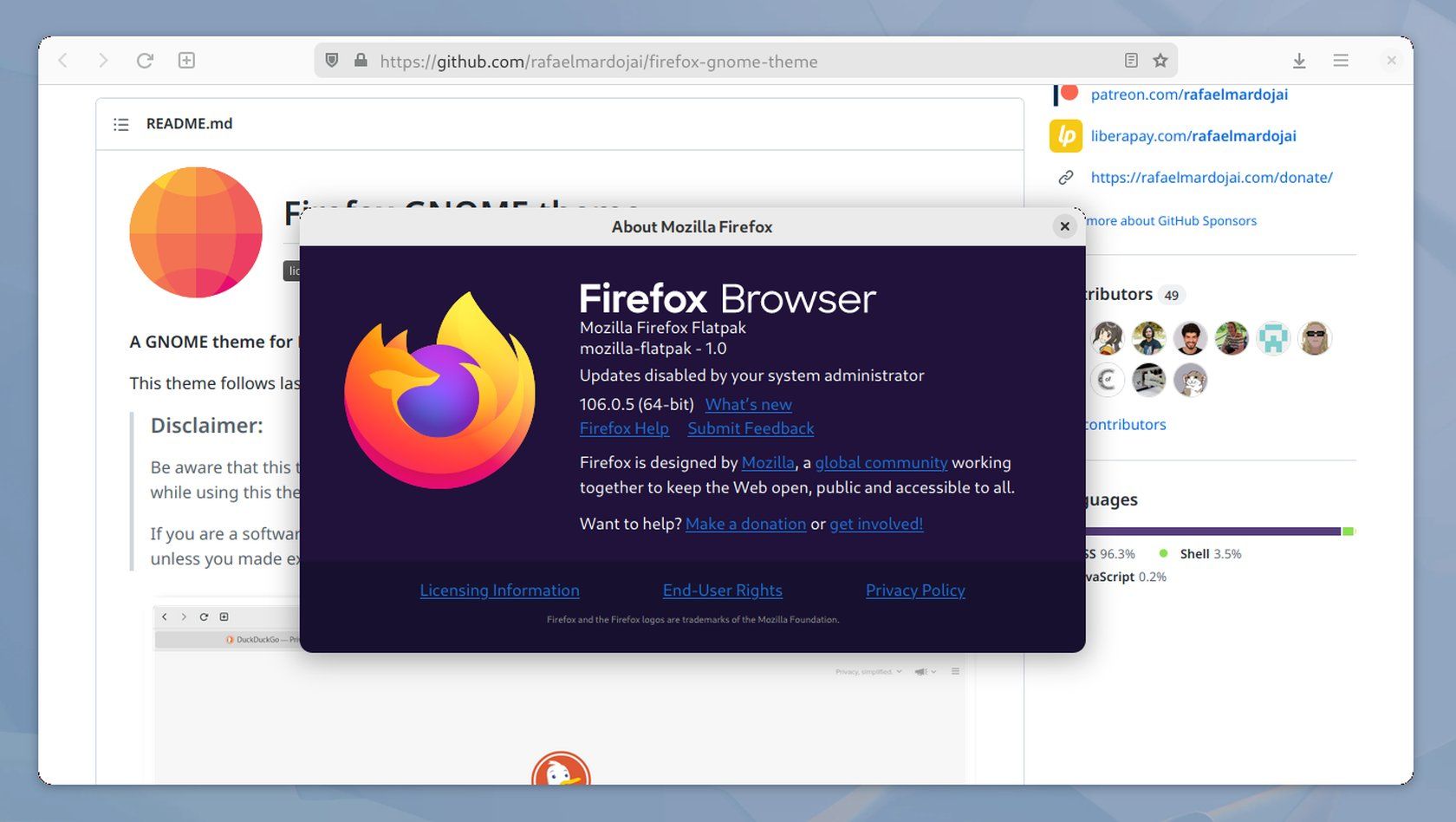 Firefox dengan tema GNOME dan sudut membulat