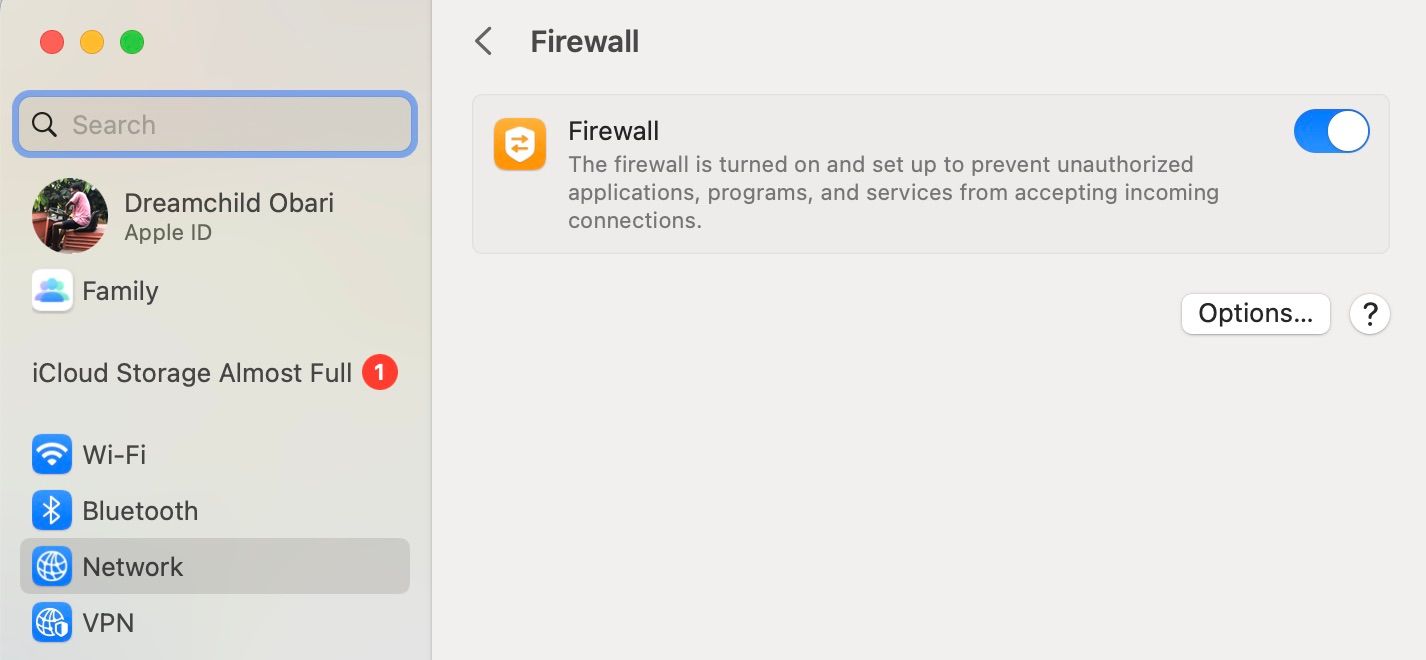 Firewall settings in System Settings Network page