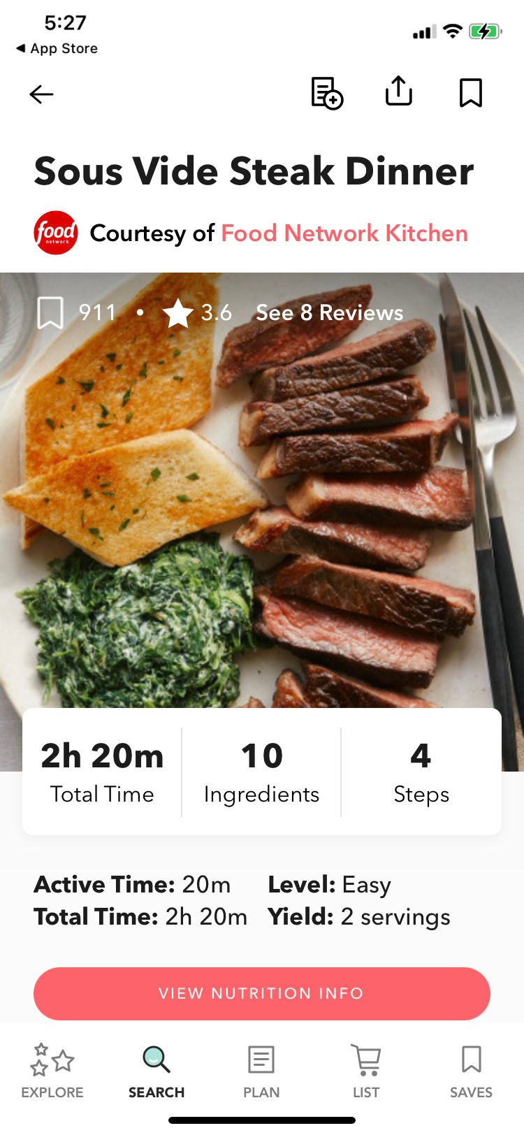 Food Network Kitchen app sous vide steak dinner