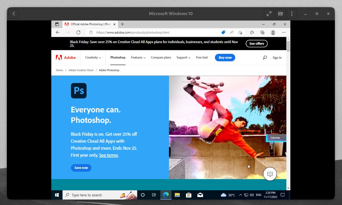 Microsoft Edge Adobe Photoshop webpage inside a Windows 10 virtual machine