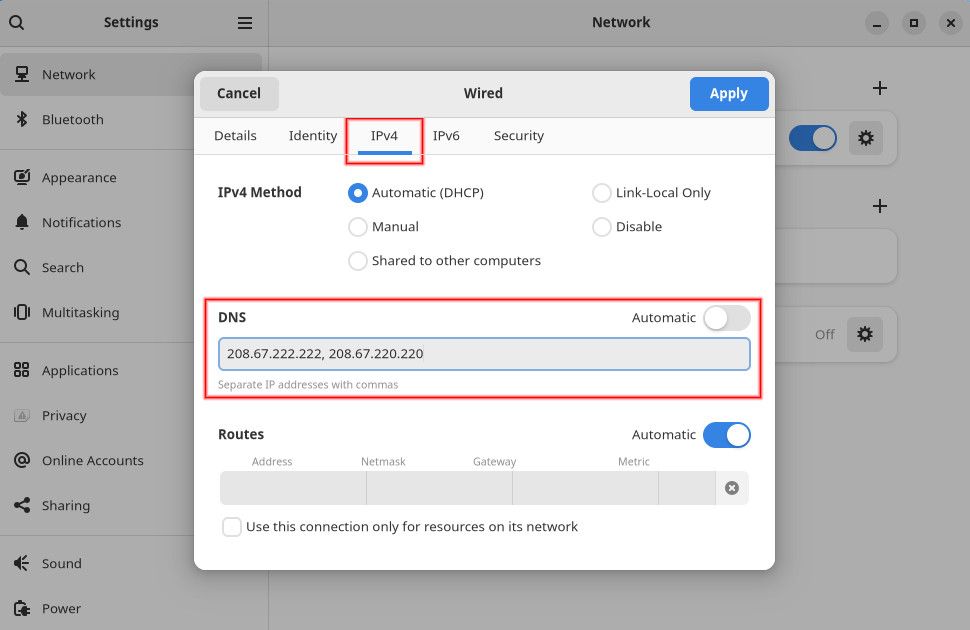 GNOME network dns settings