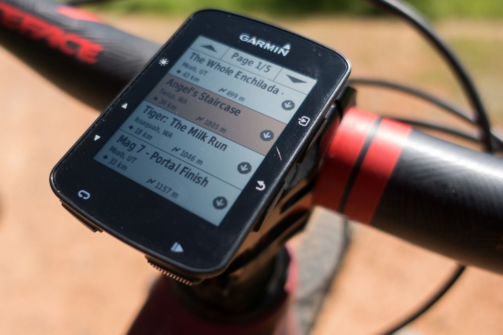 Garmin Edge mounted on bike showing Trailforks Route