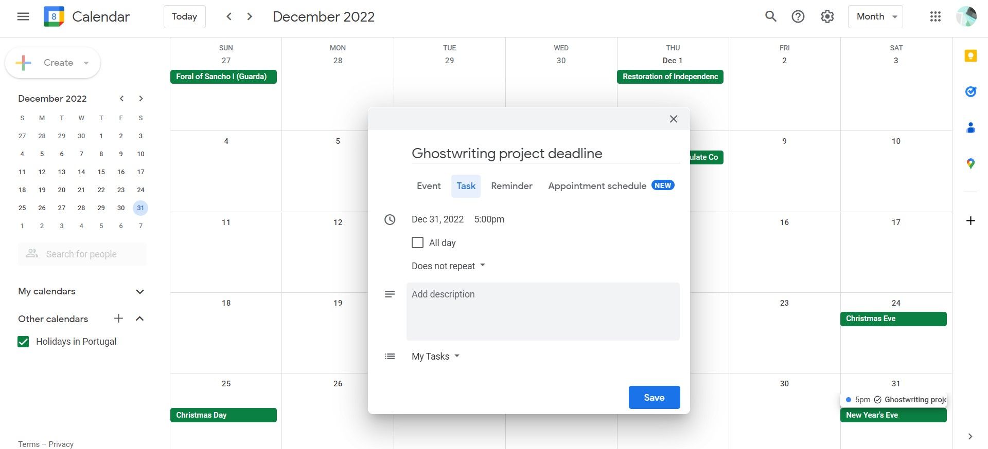 Google Calendar new event screenshot