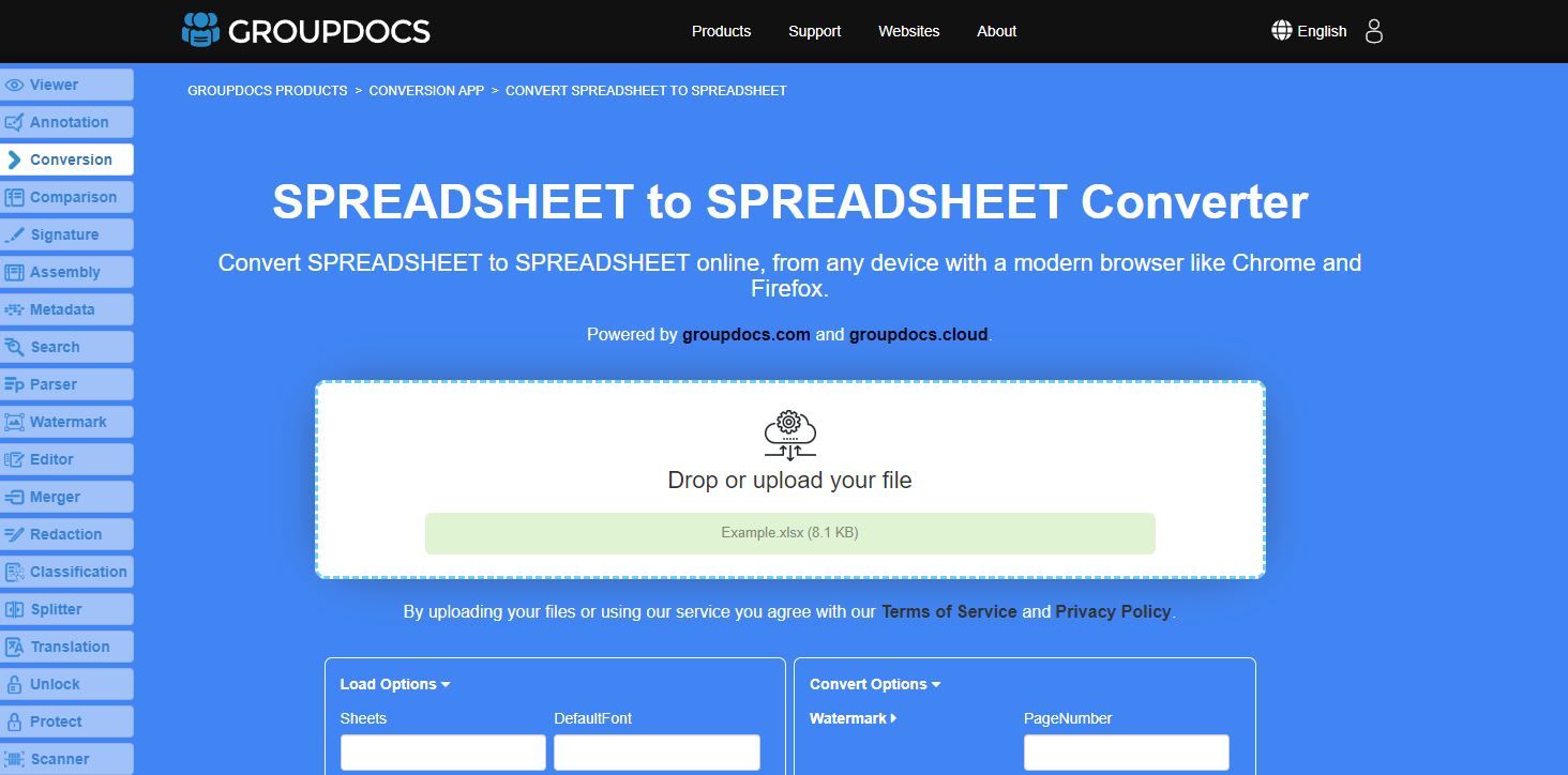 A Screenshot of groupdocs app SPREADSHEET to SPREADSHEET Converter in Use