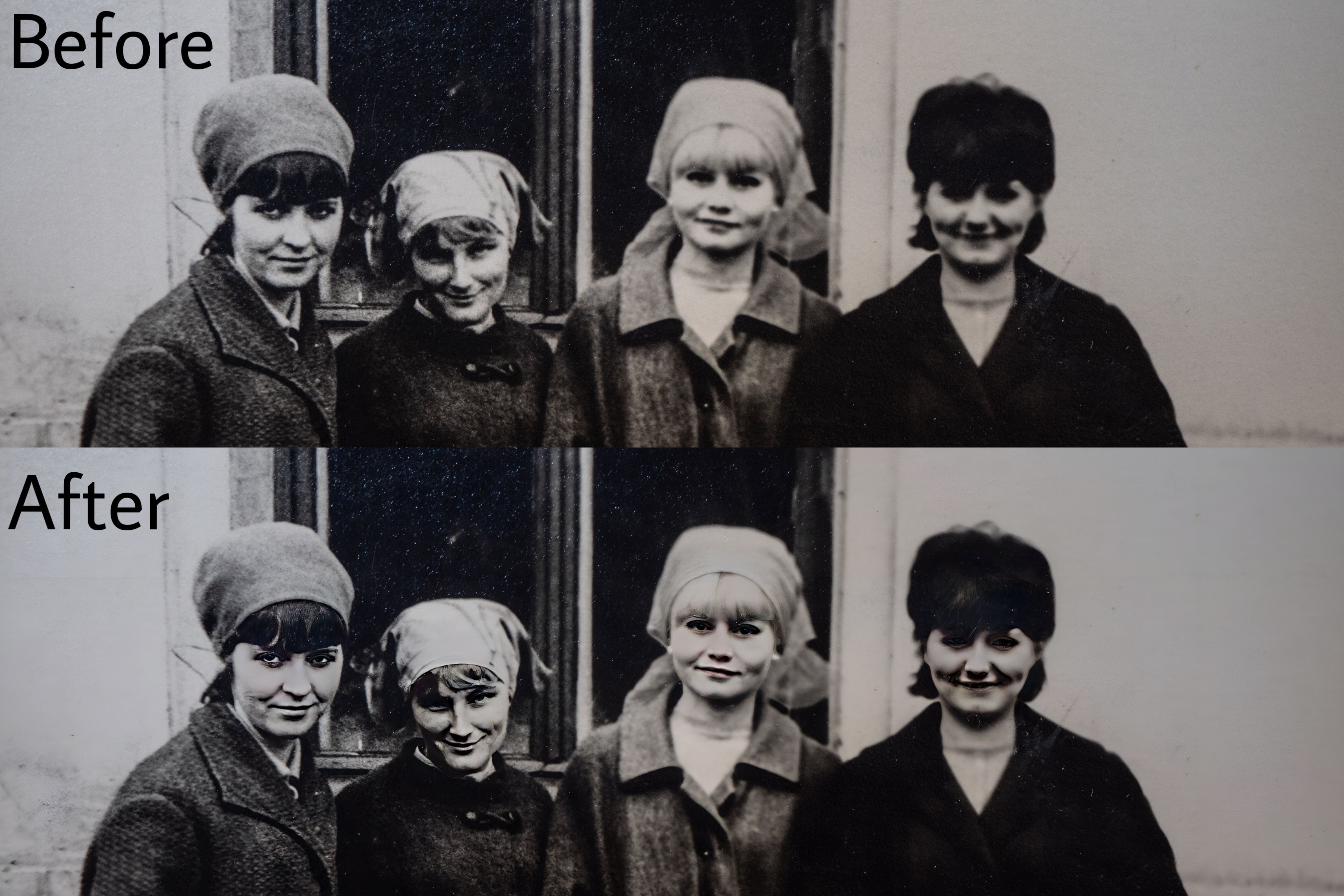 Perbandingan sebelum dan sesudah empat wanita menggunakan alat PicsArt HD Portrait