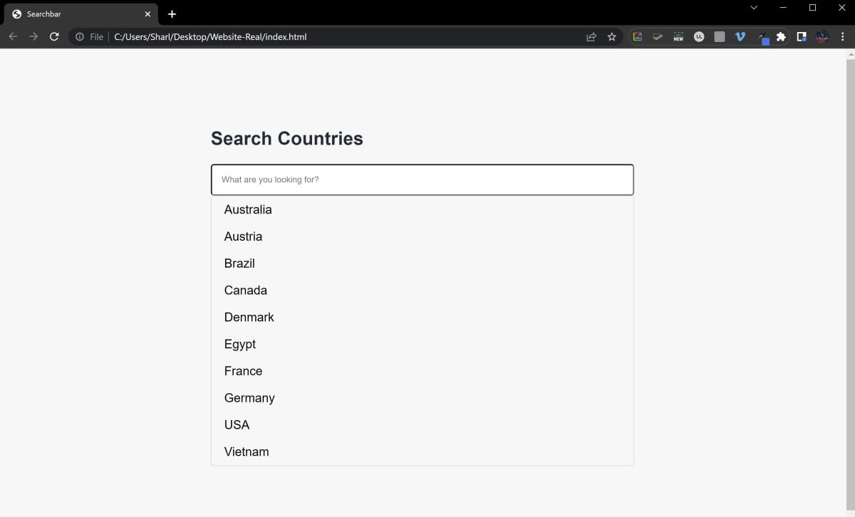 Bilah pencarian situs web HTML dengan daftar pencarian tanpa filter