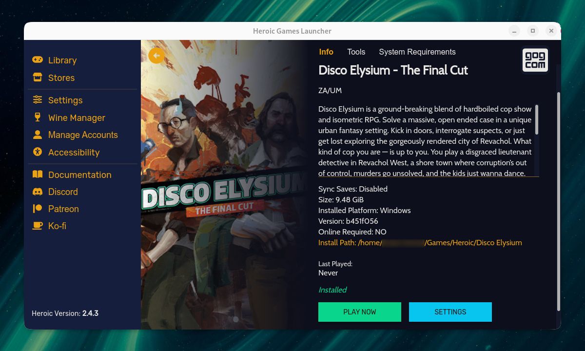 Heroic Games Launcher shows an installed copy of Disco Elysium.