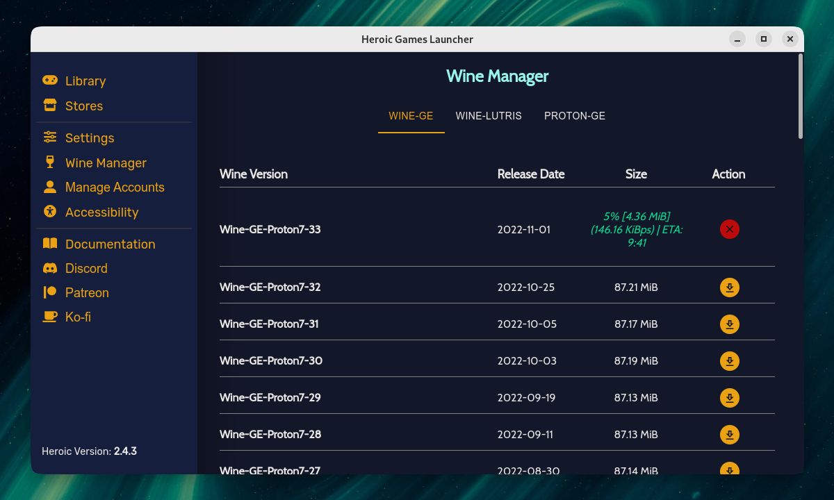 Heroic Games Launcher Wine Manager window